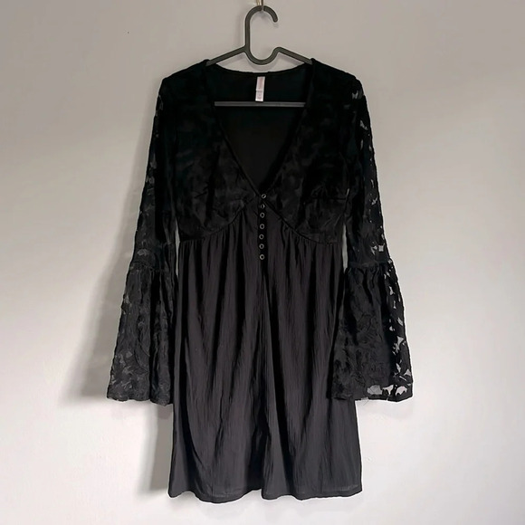 Black Lace Bell Sleeve Dress, boho black dress size small - Picture 2 of 5